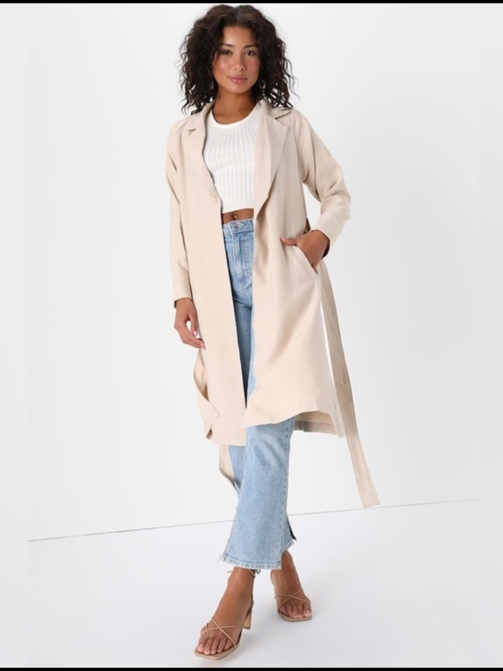 Sage Long Beige Trench Coat